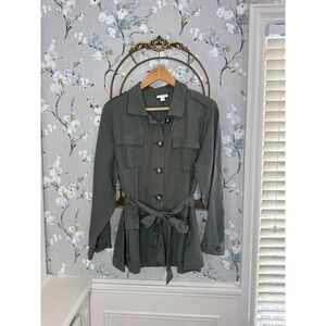 J. Jill Olive Green Linen Blend Safari Utility Belted Jacket Womens Large Petite
